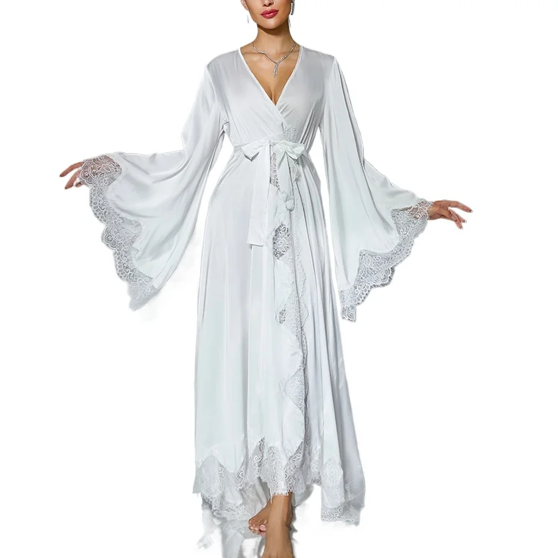 Black and White Two-color Satin Lace Celebrity Nightgown Light Luxury Long Horn Sleeve Lace-up Sexy Home Morning Gown CW79533