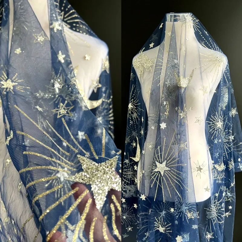 

3-color Star Moon Hot Stamping Tianma Star Sticker Sparkling Sequin Mesh Dress Performance Suit Designer Fabric