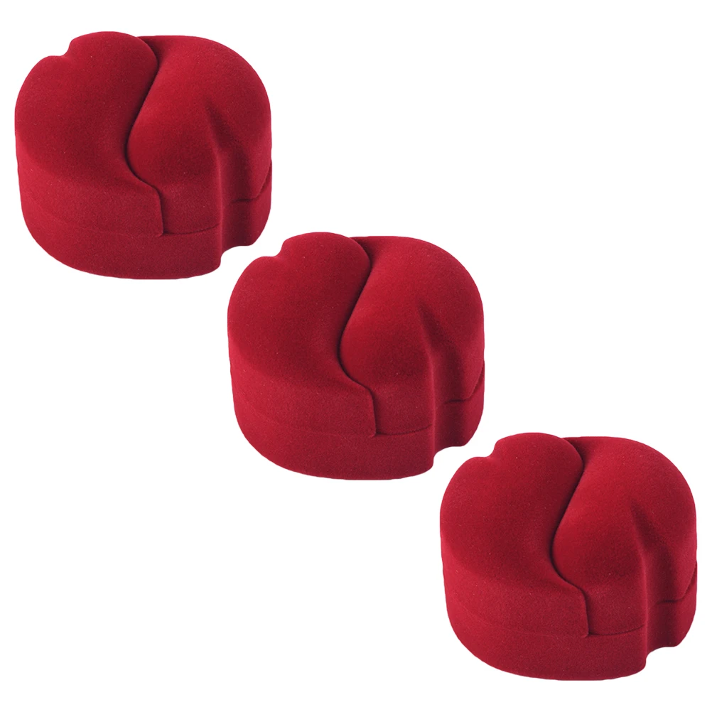 3Pcs Red Pair Ring Jewelry Box Flannel Stylish Durable Jewelry Case Gift Holder for Engagement Wedding Earrings Necklace