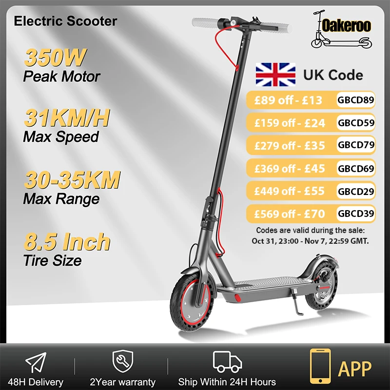 Oakeroo Adult Electric Scooter 30-35km Range Top Speed 31KM/H 8.5-inch Tires with Intelligent APP