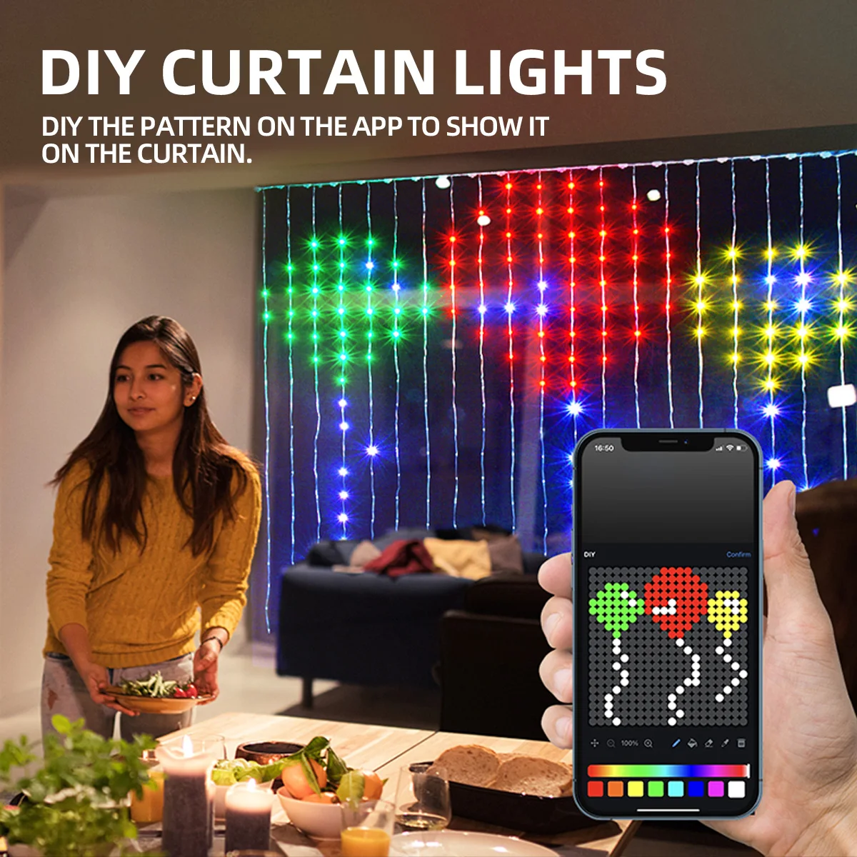 2Mx2M Smart Curtain Lights App Remote Controll LED String RGB Fairy Lights DIY Change Display for Room Window Garden  Decoration
