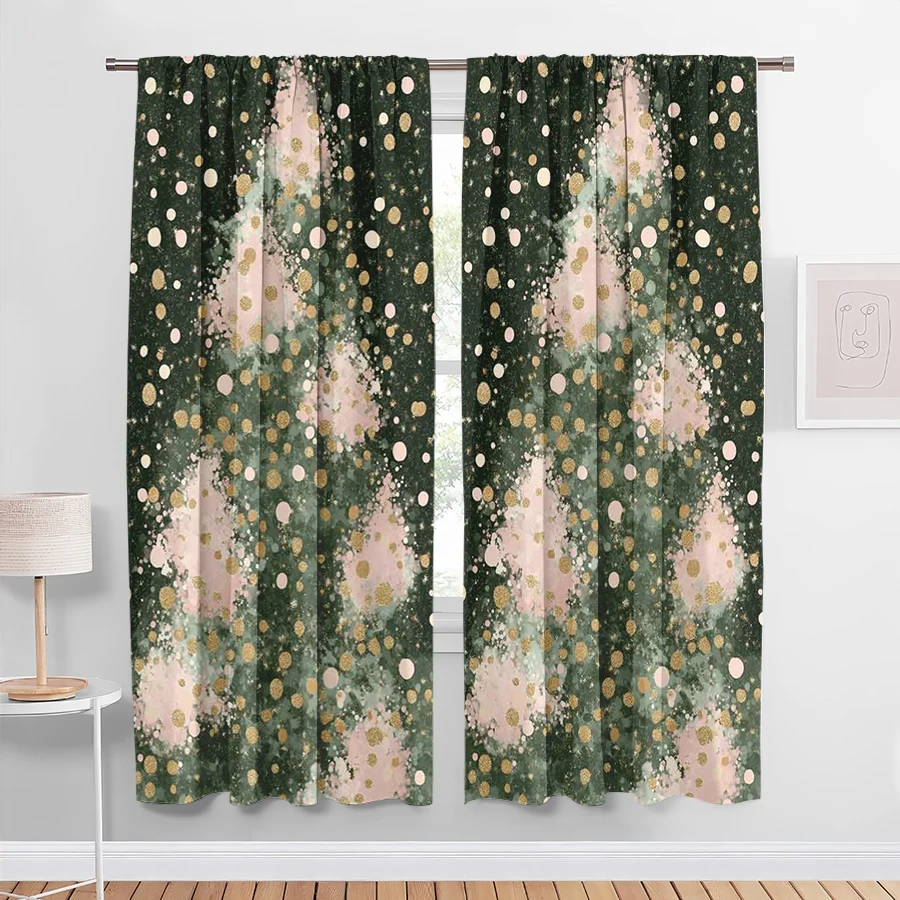 2PCS Christmas Curtains, Pink Gold Diamond Dot Tree, Digital Print, Bedroom Living Room, Rod Pocket Polyester, Home Decor