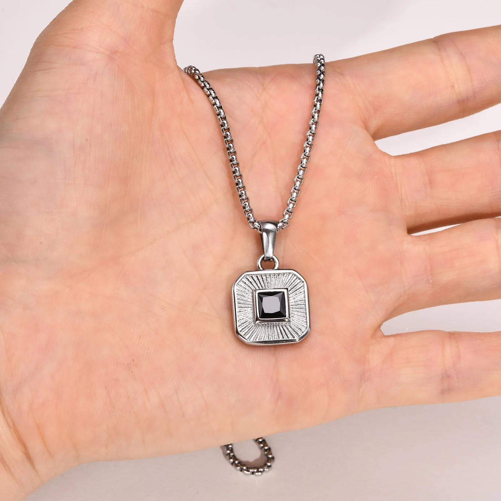 Men\'s Pendant Necklace,Black Square Zircon Embossing Radiation Sunburst Pendant Collars,Stylish Stainless Steel Jewelry Gifts