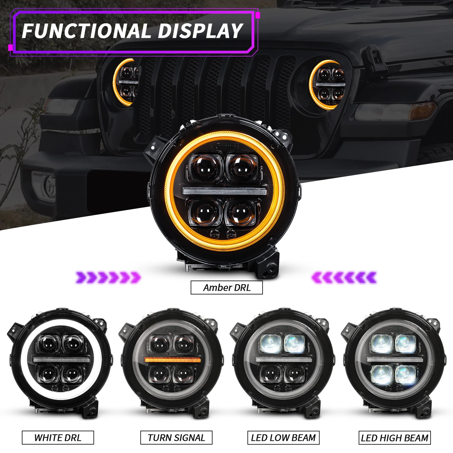 Archaic LED Head Lights for Jeep Wrangler JL Gladiator JT 2018- up Headlight 4 Projectors Wrangler Front Lamp White/Amber DRL