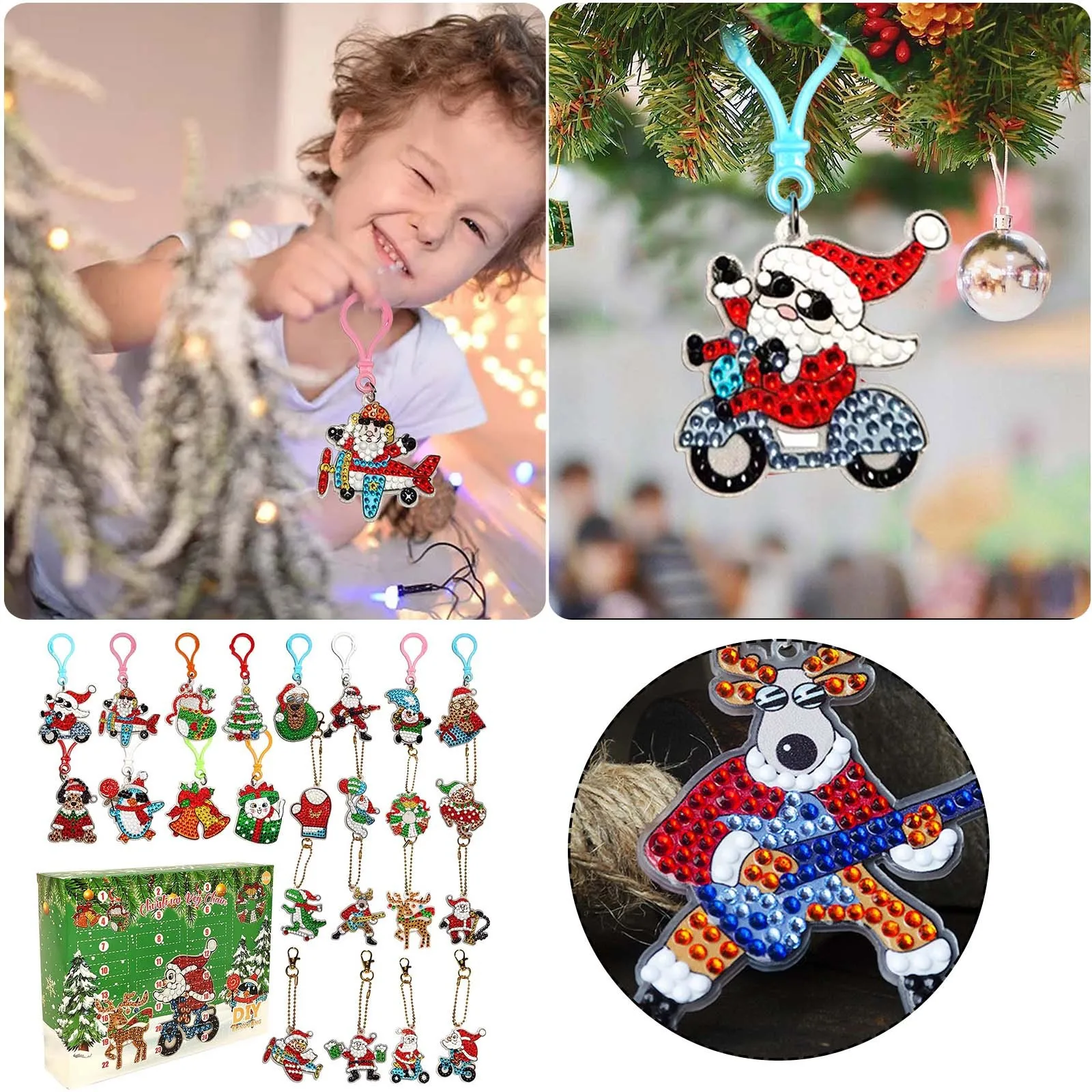 

24Pcs Vintage Diamond Painting Keychains Double Sided Diamond Key Chain Kit DIY Diamond Art Vintage Santa Claus Reindeer Snowman