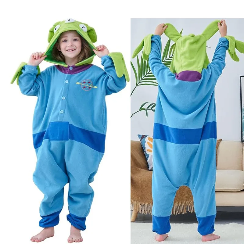 Cartoon Toy Story Alien Onesie Pajama 3 Eyes Alien Cosplay Jumpsuit Polar Fleece Sleepwear Child Adult Plush Home Clothing