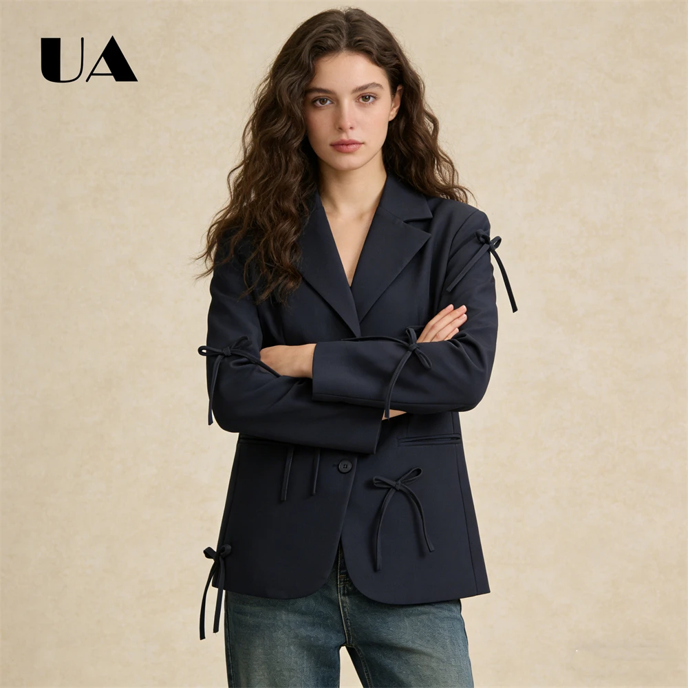 Women's Navy Blue Blazer with Bow Tie Details Long-Sleeve Single-Breasted Lapel Jacket Chic Casual Party Fashion Unique Design
