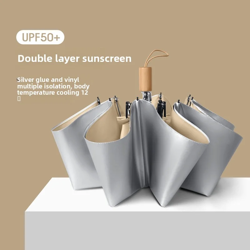 Image of Kompakter Reise-Automatik-Regenschirm Titan-Silber Doppelschicht UPF50 Sonnen-UV-Schutz Allwetter Unisex Sonnenschirm