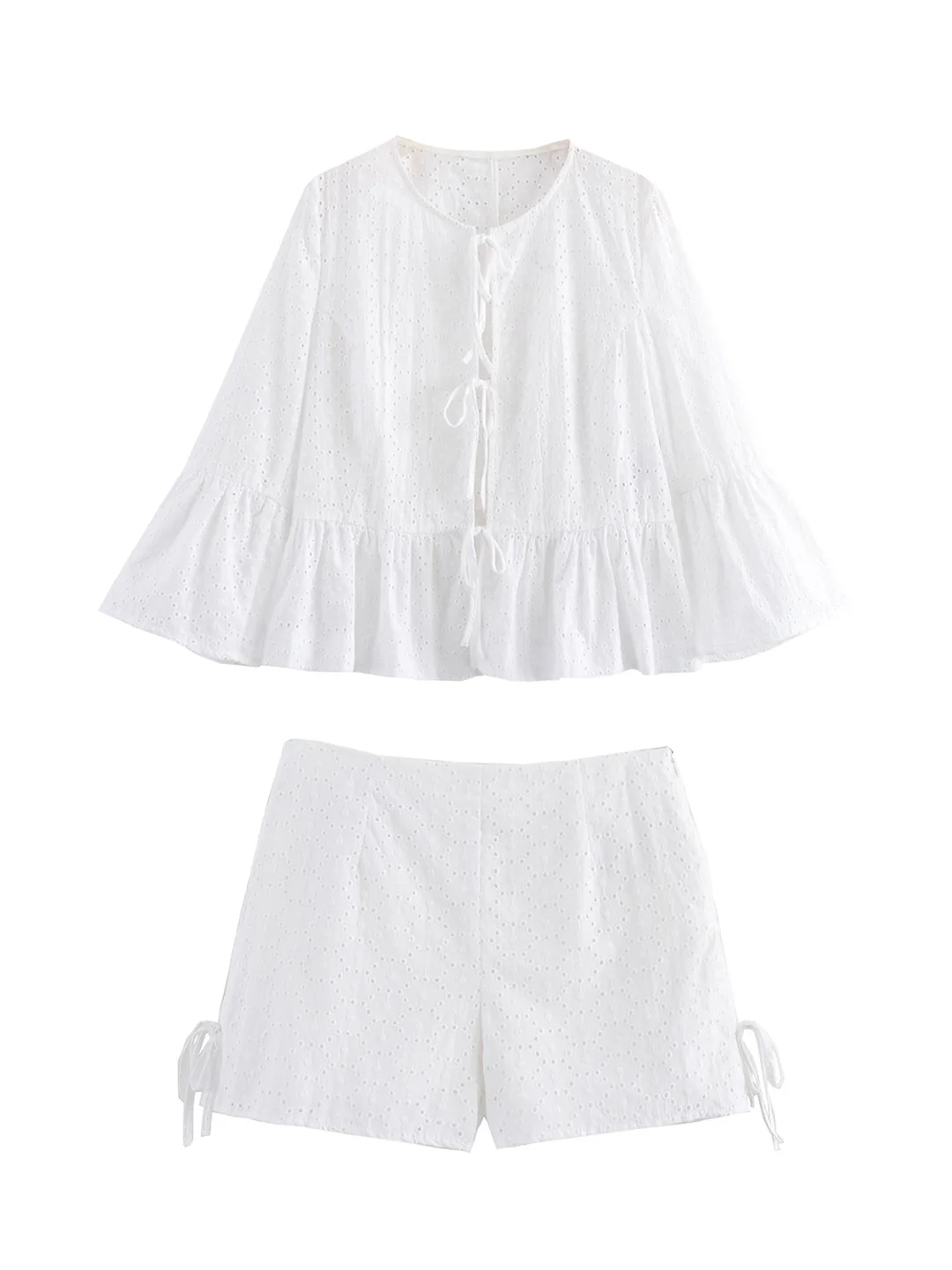 Cutwork Embroidery White Two Piece Short Sets Vacation Outfit Front Tie 3/4 Flare Sleeve Blouse And Shorts Co Ord Sets For Women