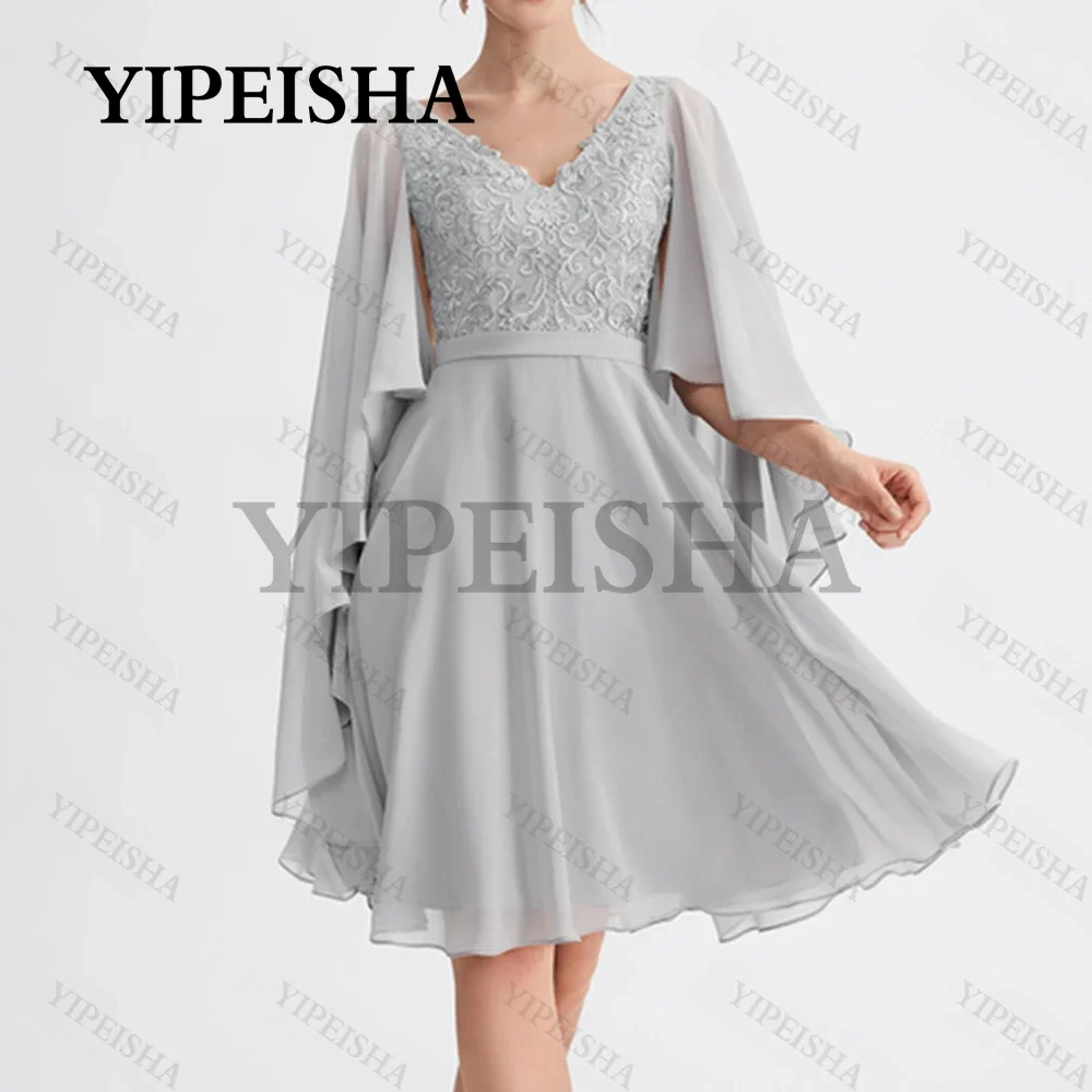 

Simple V-Neck Silver A-Line Prom Gown Knee-Length Lace Appliques Short Chiffon Party Dresses robes de soirée فساتين السهرة