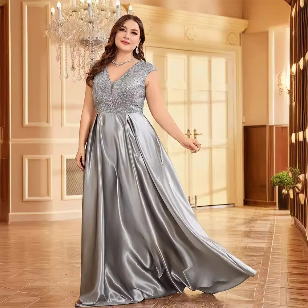Abito da donna lungo in raso lucido color cipria, scollo a V, senza maniche, con pizzo e paillettes sul busto, gonna a trapezio, per cerimonia africana, damigella d'onore, madre della sposa, matrimonio