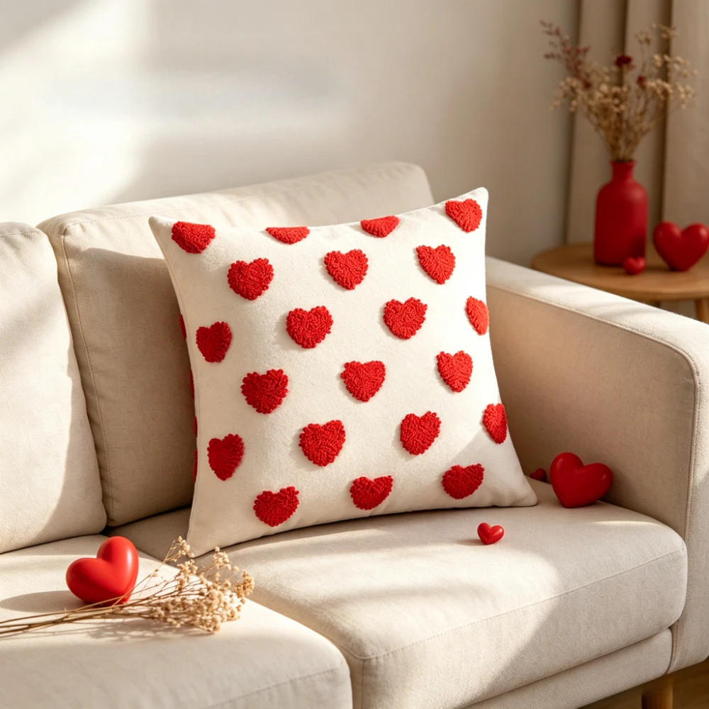 2‑Color Optional Love Heart Throw Pillowcase, Tufted Embroidery Cushion Cover for Sofa Bedroom Decor