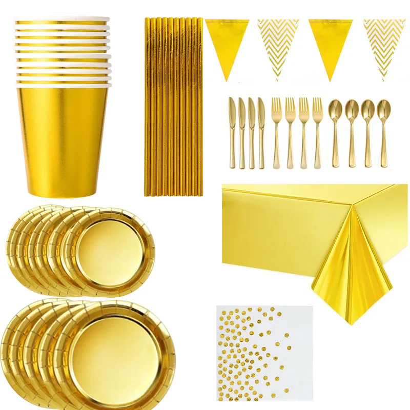 

Hot Gold Themed Party Disposable Tableware Party Set Cake Tray Paper Cup Tissue Wedding Gold Tablecloth Birthday Party Supplies