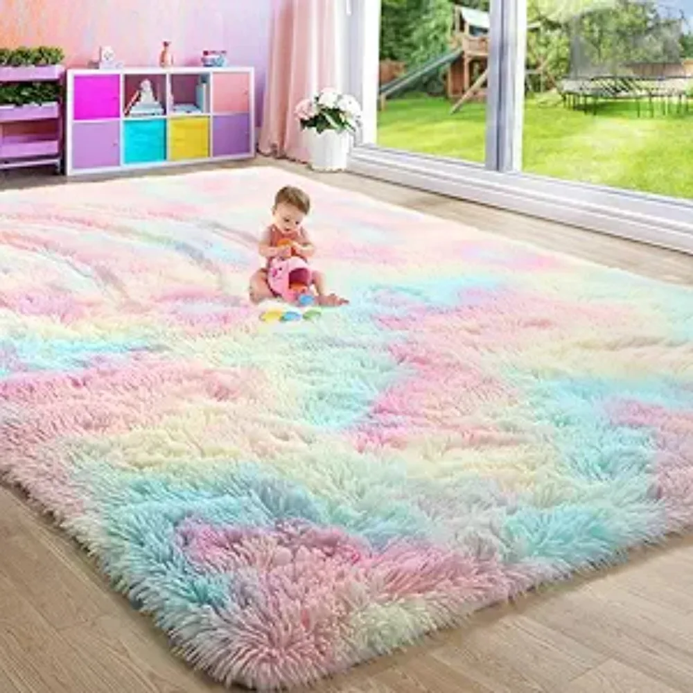 

Rainbow Area Rugs for Girls Bedroom Kids Room Decor,8x10 Rug,Large Pastel Colorful Rug for Playroom,Unicorn Shaggy Rug for Baby