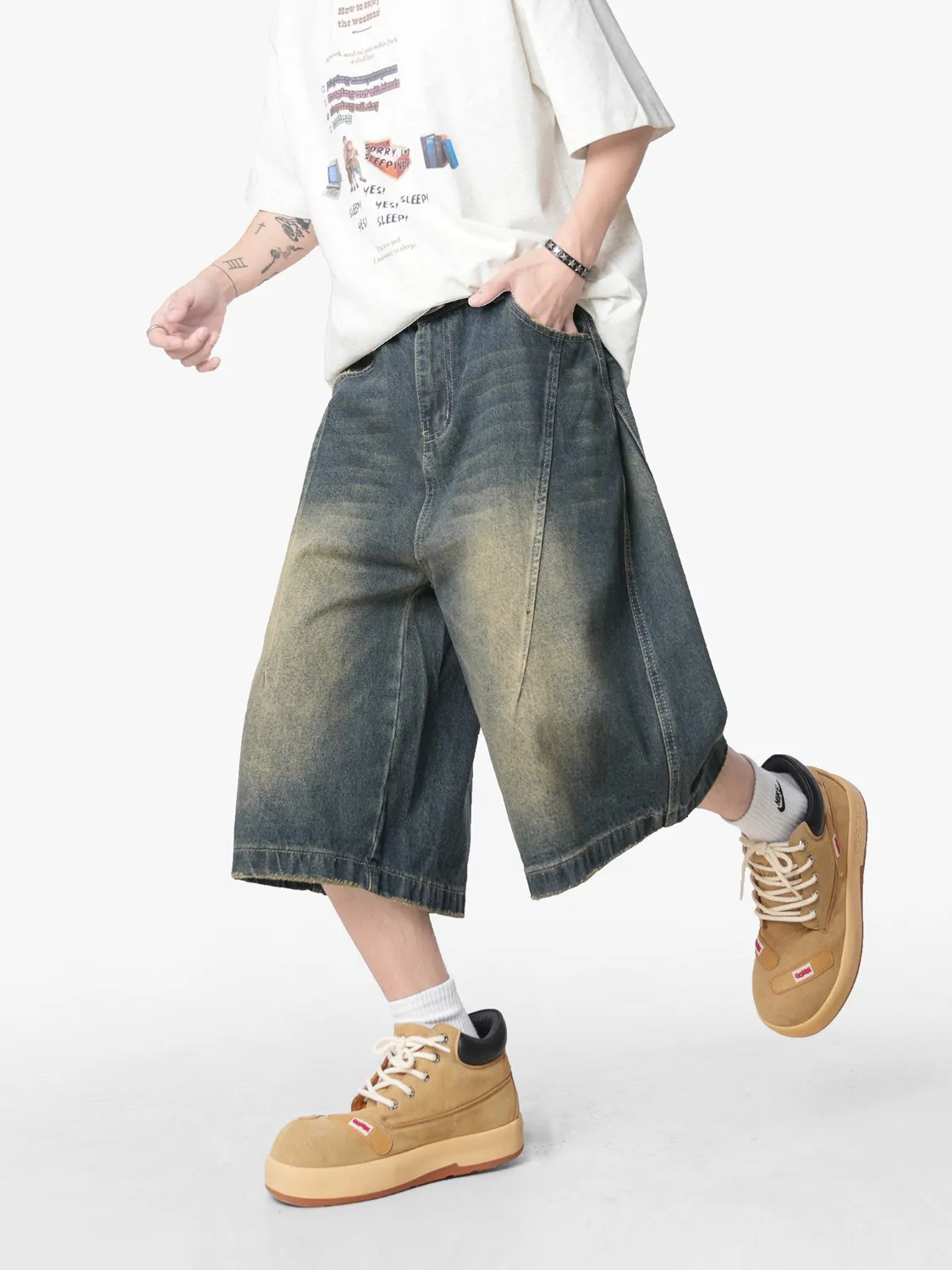 

Мужские летние джинсы в стиле ретро, американские, свободные, прямого кроя, повседневные, износостойкие, длиной 7/8