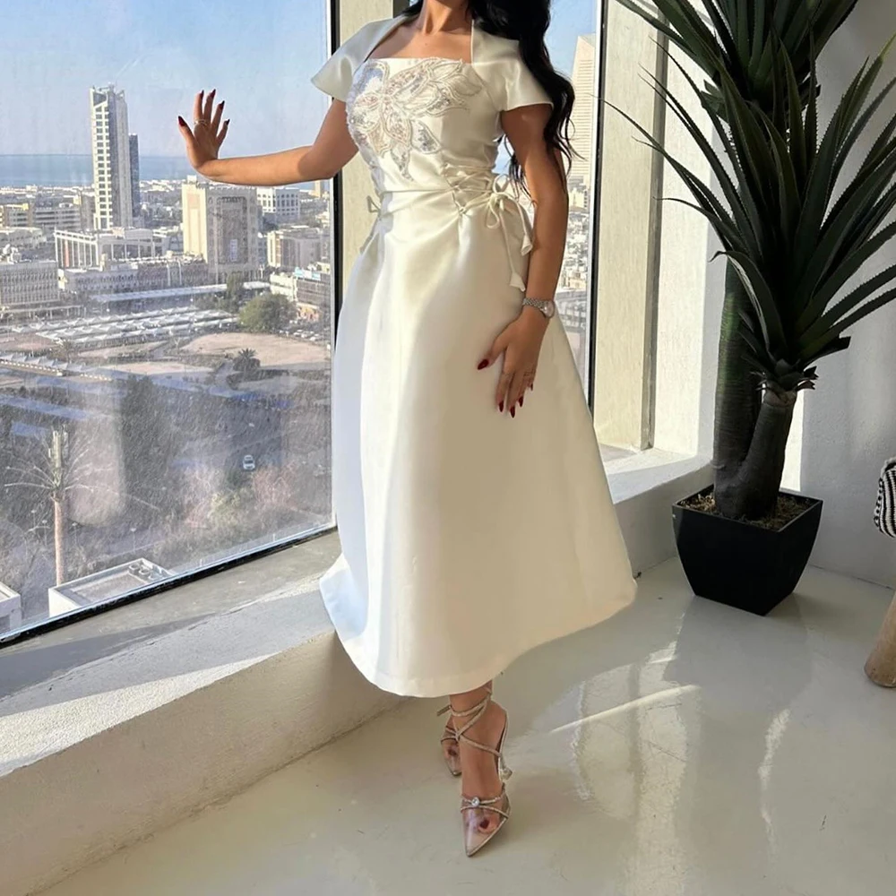 

Customized Exquisite Tea Length Appliques Beading Pleats Crystal Short Sleeves Evening Dress Graceful Square Neck Party Gown