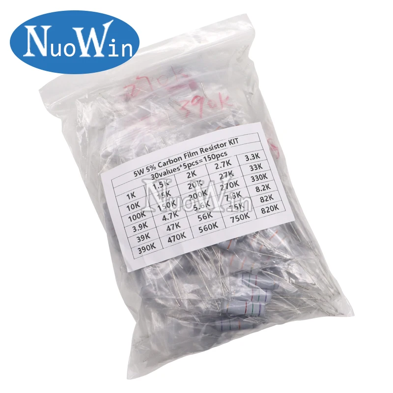 150PCS/300PCS 1W 2W 3W 5W 30Values Carbon Film Resistor Assortment Kit 5% Resistance Set 0.1R-750R 1K-820K ohms DIY Pack