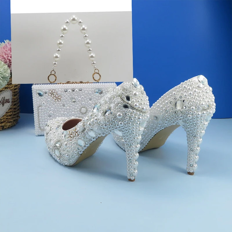 

White Pearl Wedding Shoes and Bag Pumps Woman Thin Heel Round Toe Crystal Party Dress Shoes Woman High Pumps Pearl DayClutch