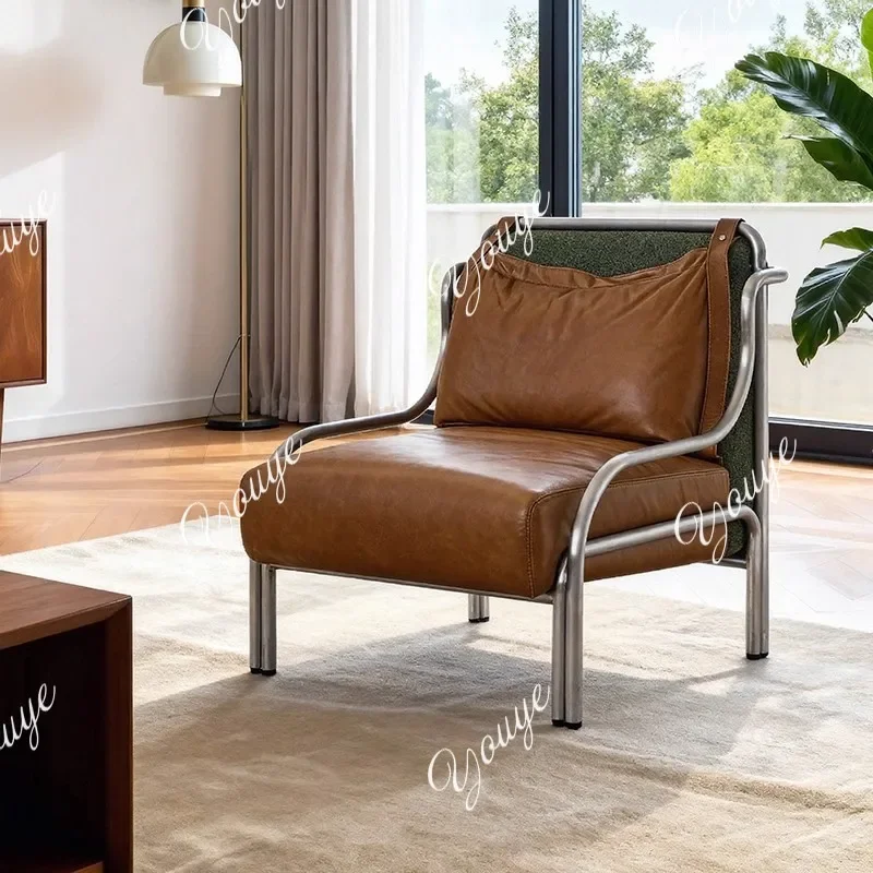 

J Medieval Leather Single Sofa Leisure Chair Stainless Steel Brown Leather Art Chair Study Cafe Available