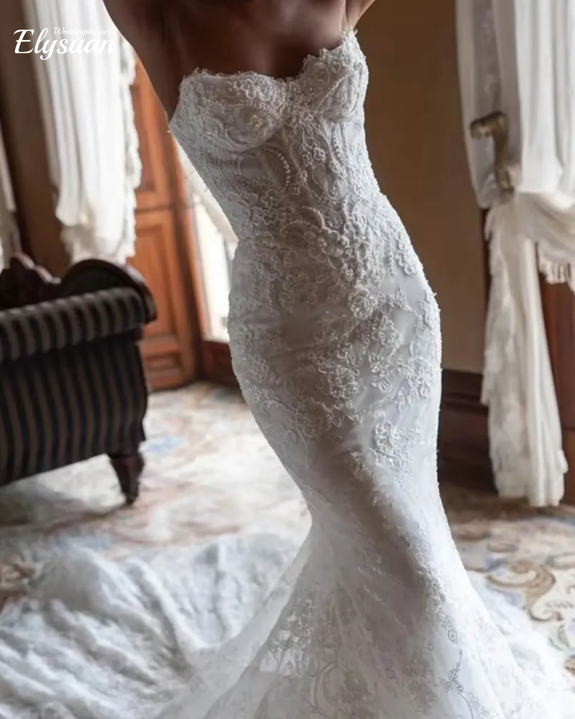 Aangepaste prachtige kralen trouwjurk voor vrouw bruid lieverd lange mouw zeemeermin prachtige applicaties sweep bruidsjurk