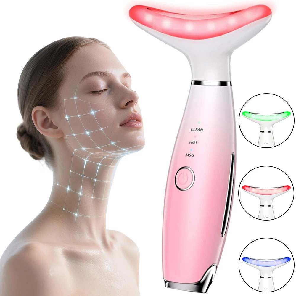 3 in 1 EMS Neck Facial Beauty Device with Thermal Neck Lifting Vibration LED Facial Massager Double Chin Remover Skin Care Tool