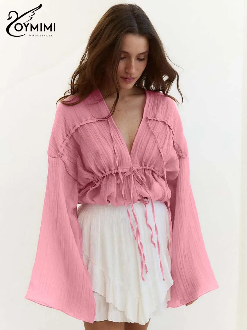 

Oymimi модные розовые хлопковые женские блузки элегантные блузки с глубоким v-образным вырезом и длинными рукавами осенняя новая свободная блузка на шнуровке женская одежда