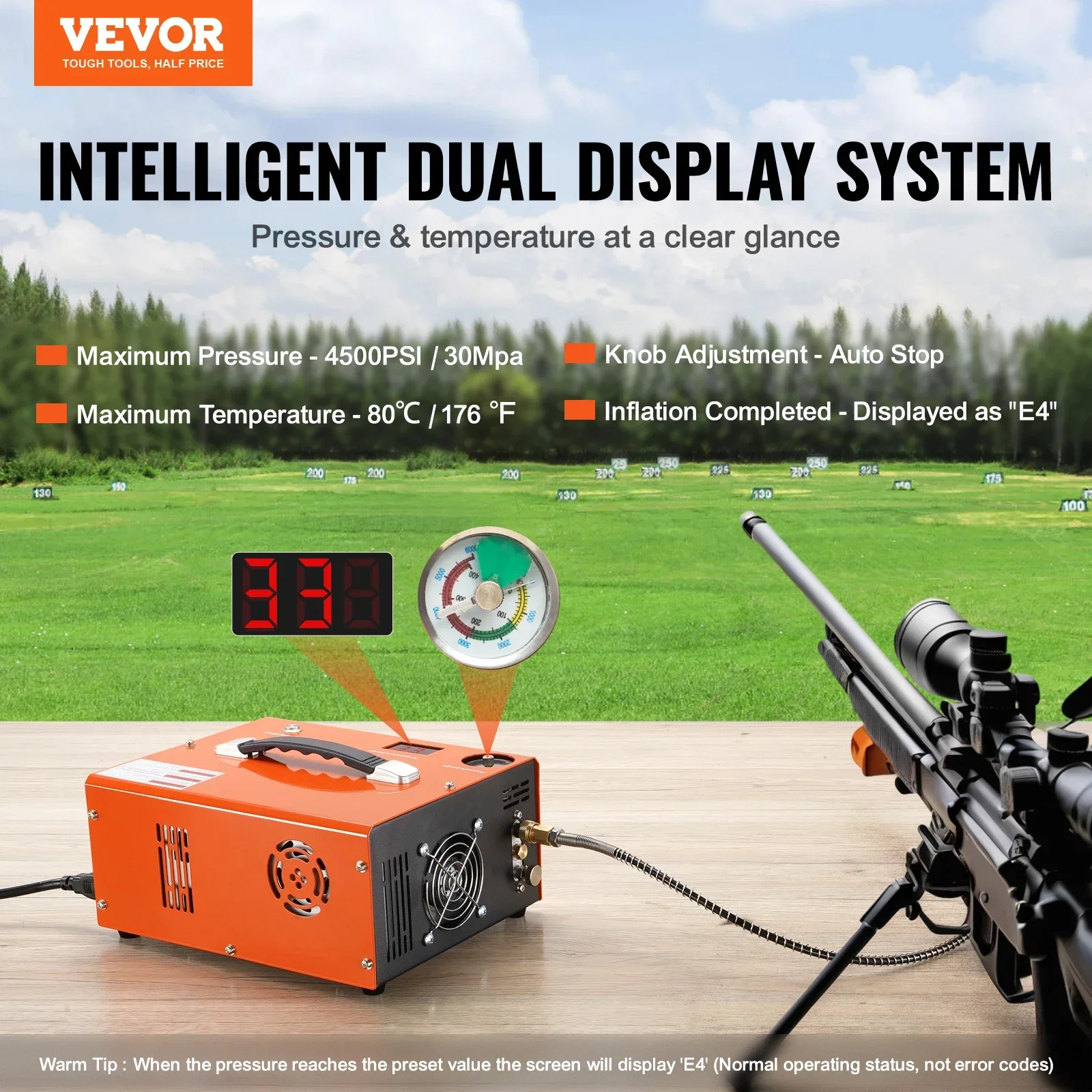 VEVOR PCP Air Compressor 4500PSI Portable PCP Airgun Compressor with Built-in Converter Auto-Stop Oil Free Tank for Air Rifle