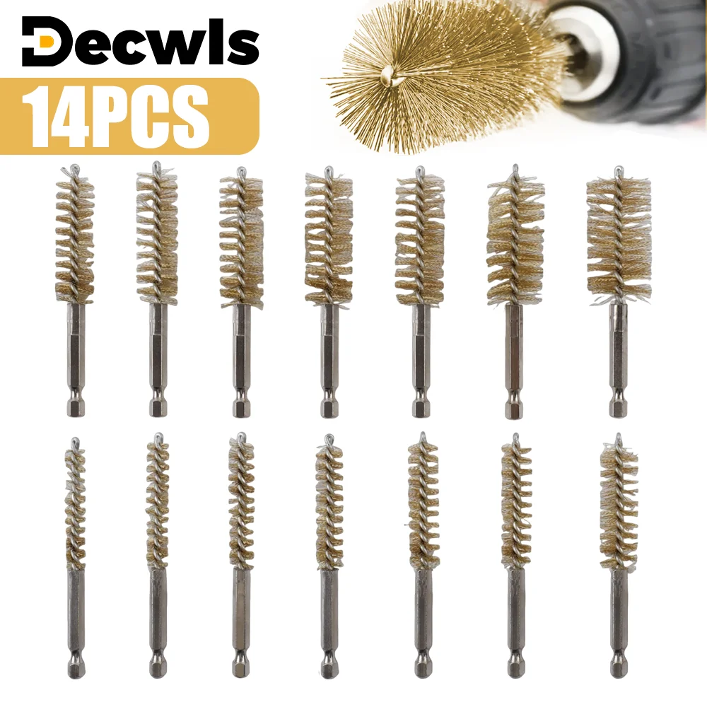 14PCS Copper Wire Pipe Brush Drill Hole Cleaning Brush Set 1/4'' Hexagonal Handle, Grinding, Polishing And Rust Removal Tools