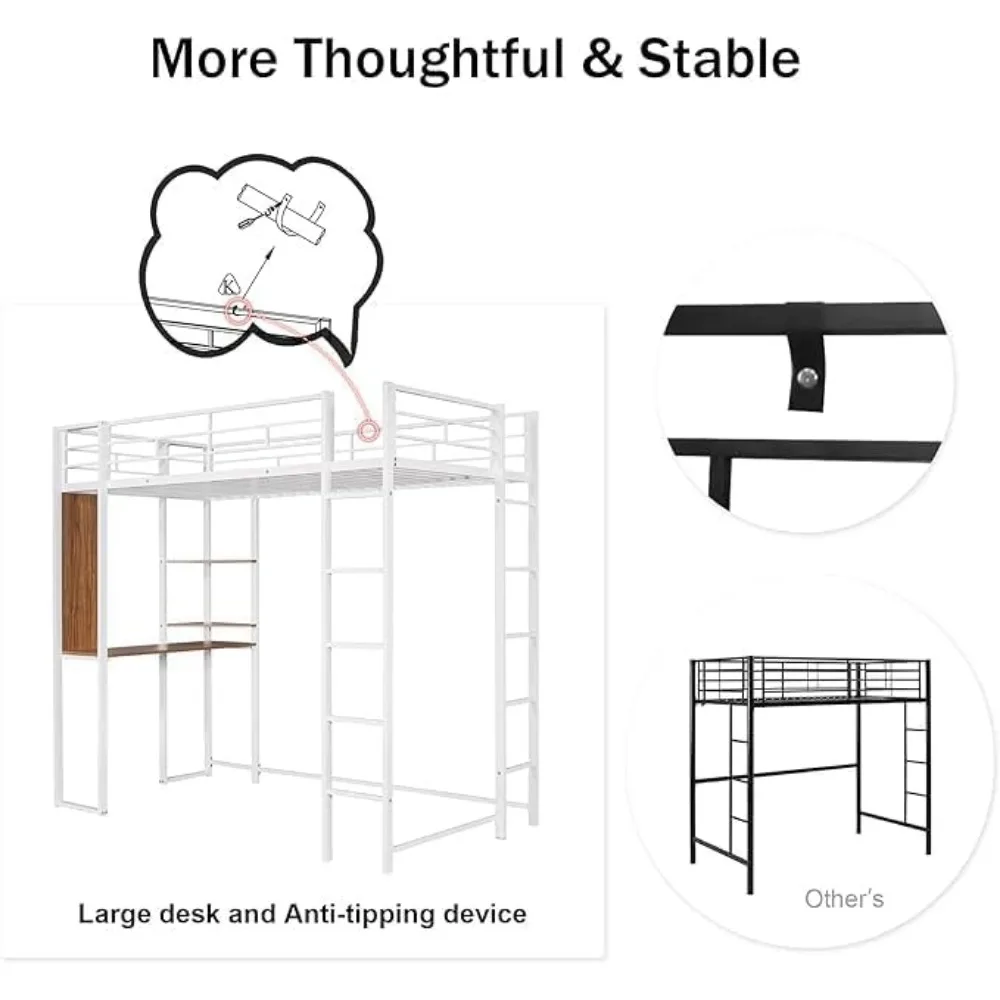 Metal Loft Bed with Helves and Desk, Loft Bed Frame with Built-in Ladders, 12.2/'' H Safety Guardrail,No Box Spring Needed
