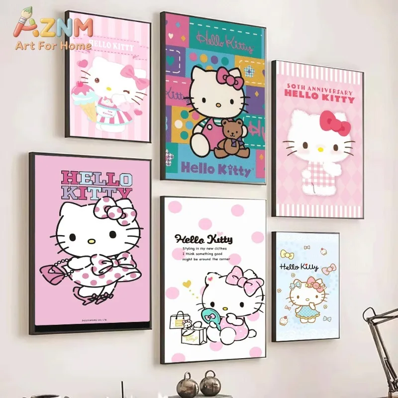 Hello Kitty Canvas Poster Cute Sanrio Cartoon Print Unframed Canvas Art Ice Cream Pink Stripe Sweet Kawaii Aesthetic Wall Decor