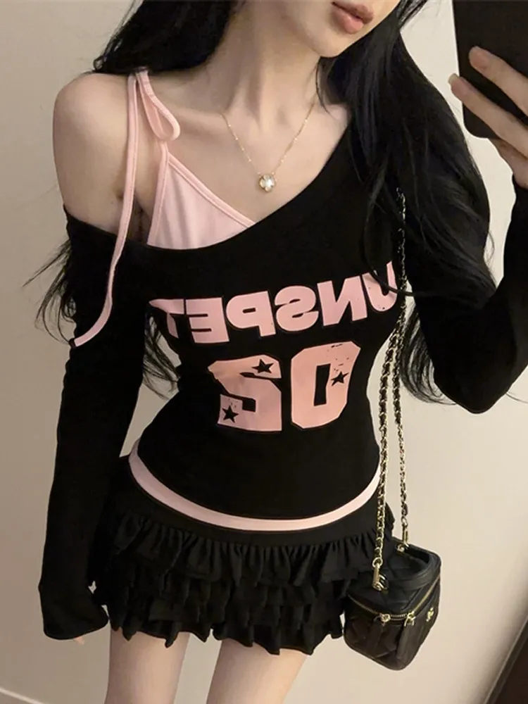 American Vintage Contrast Color Skew Collar Long Sleeve Ins Letter Print Fake Two Piece T-Shirts