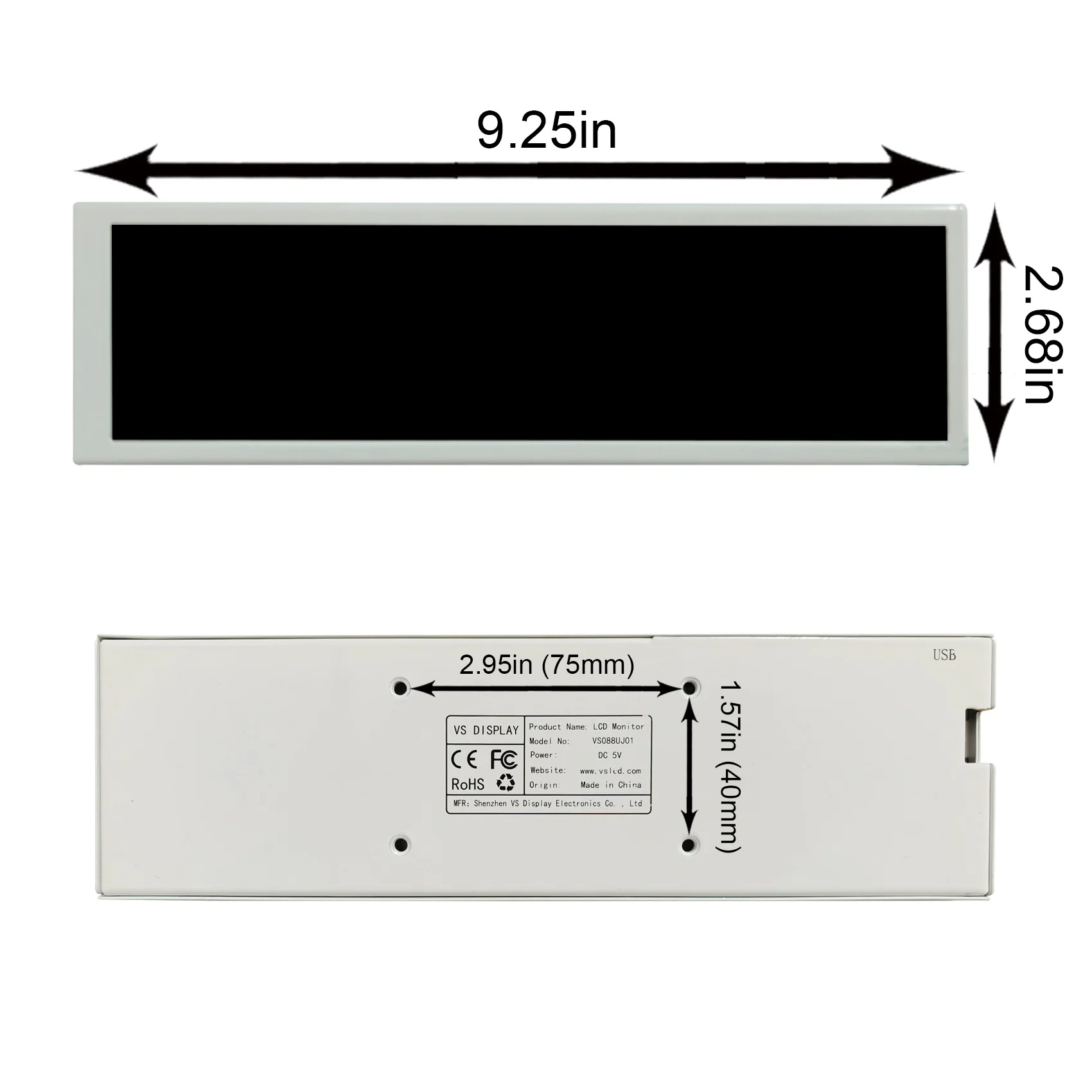 8.8inch Stretched Bar IPS USB Extended Monitor 1920x480 for PC Case Sub Display White/Black Case