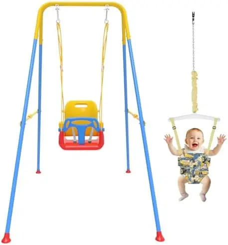 2 in 1 Toddler Swing & Baby Jumper, Foldable Baby r with t Cushion, Foldable Indoor & Outdoor Use, Easy to Install &