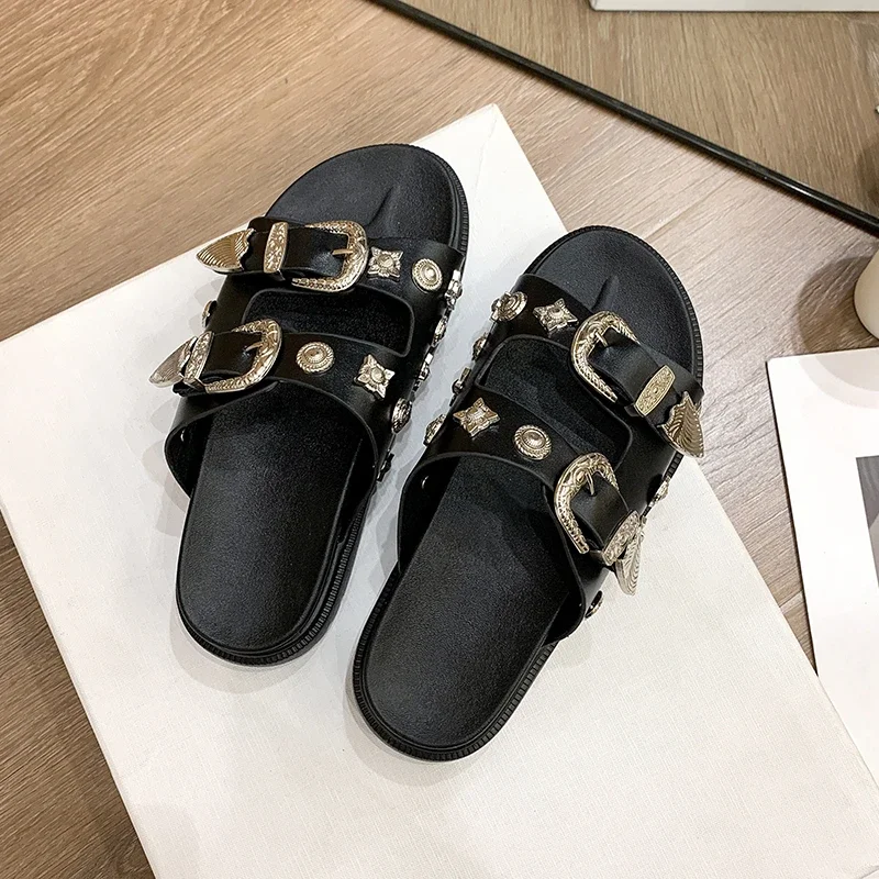 Summer Punk Rock Women Slippers Rivets Platform Leather Mules Creative Metal Fittings Slippers Female Casual Sandals Shoe Slides