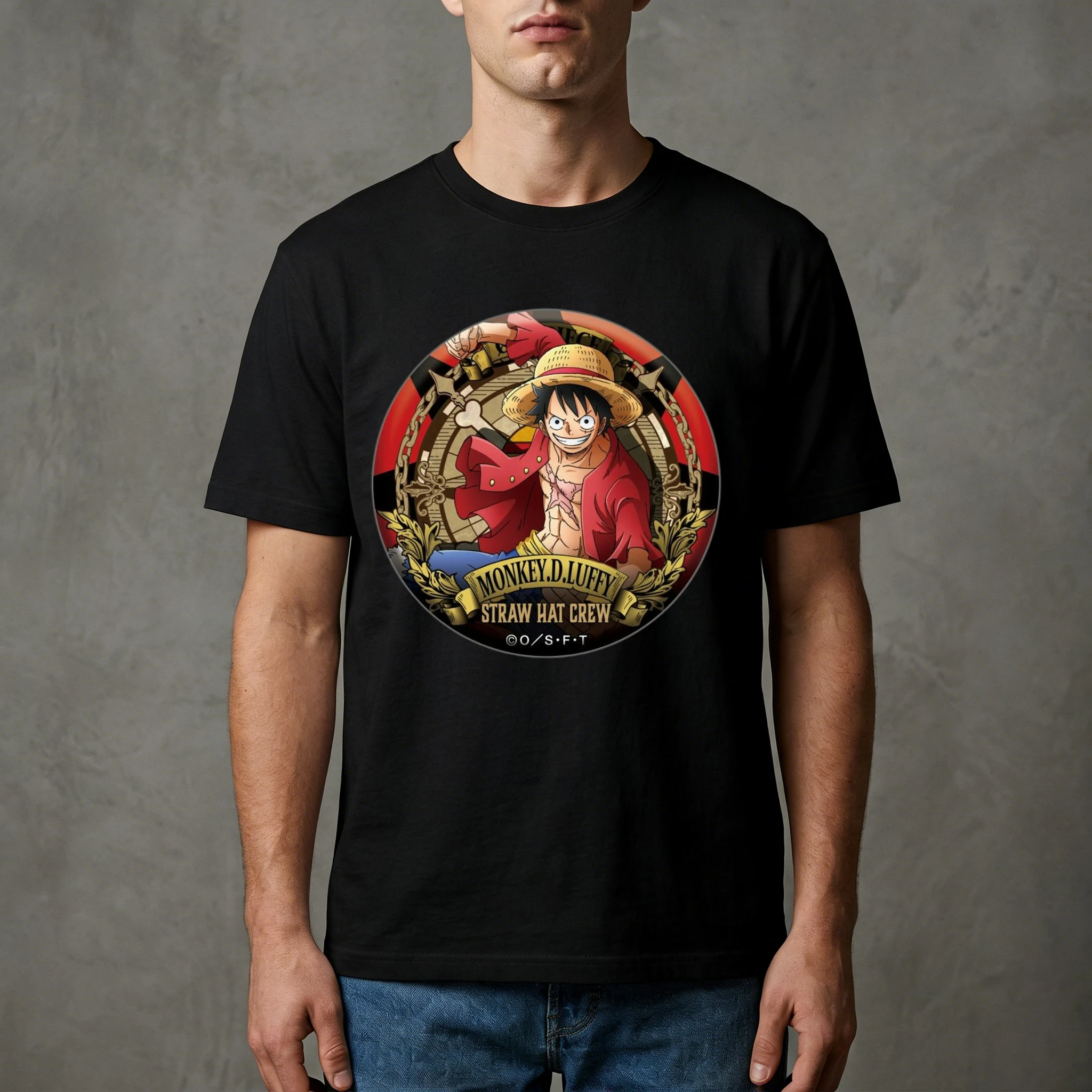 

One Piece Monkey D. Luffy Retro Badge Summer Men's Loose Anime T - Shirt, Breathable Soft Fabric Casual Home Graphic Print