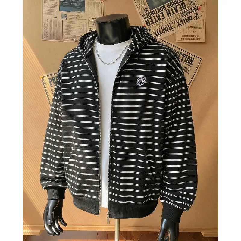 

New Vintage Striped Loose Long Sleeve Hooded Sweatshirt Casual Zip Up Hooded Cardigan Harajuku Coats Casual Loose Hoodie