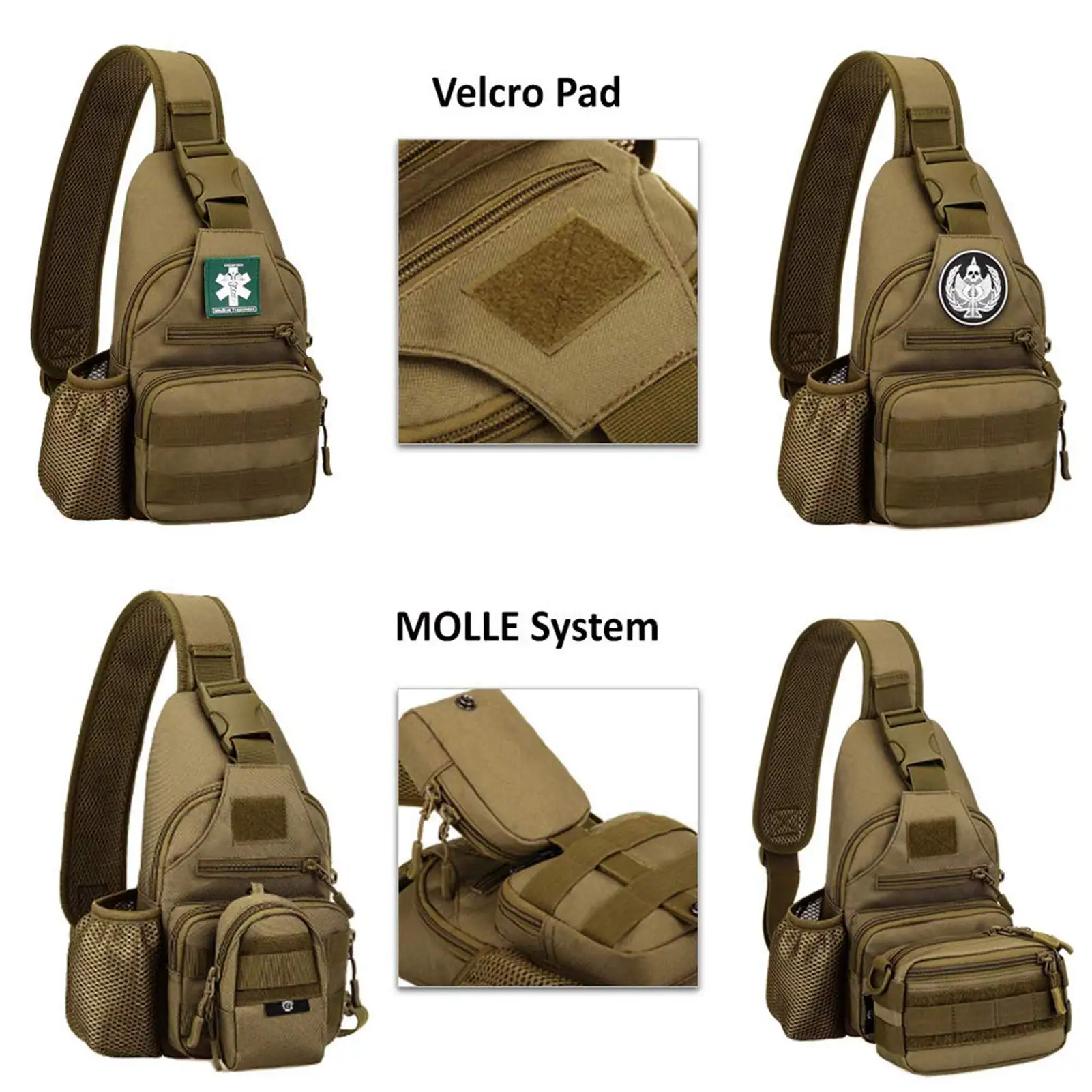 Mochila táctica militar para el pecho para hombre, mochila de hombro resistente al agua, mochila de día de una correa con soporte para botella de agua