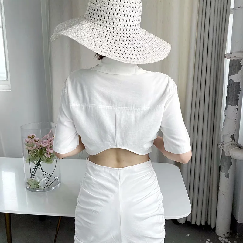 Dress For Women 2023 Autumn New Half Sleeve Solid Hollow Out Button Turn-down Collar Fashion Elegant Casual Loose Straight Dress