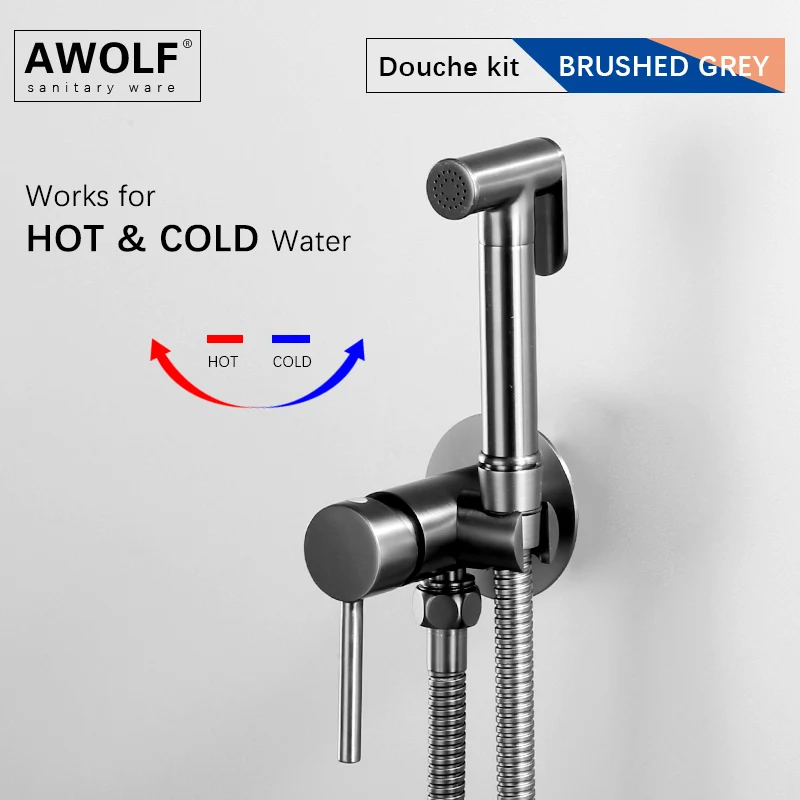 Awolf Gun Grey Hygienic Shower Bidet Hot and Cold Toilet Bidet Sprayer System Solid Brass Bathroom Anal Shower Mixer AP2322