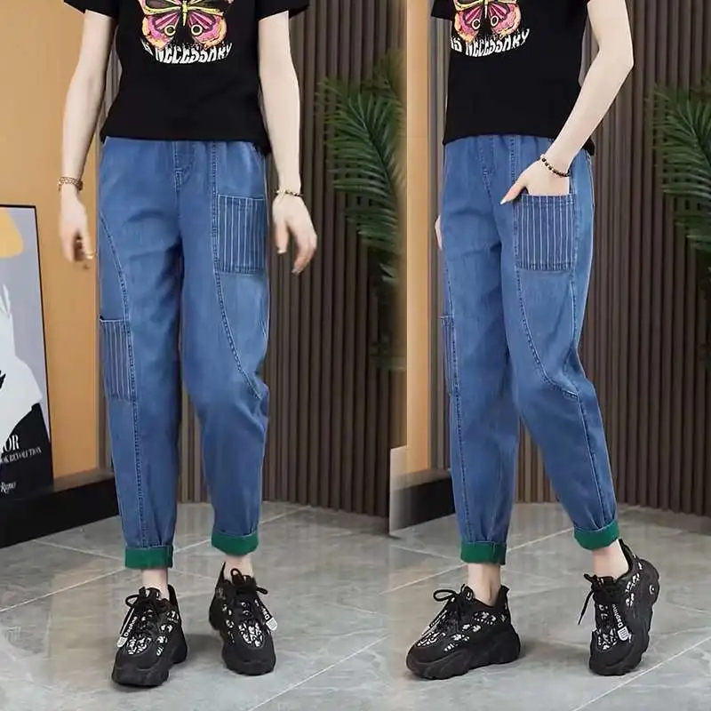 

Women Harlequin Pants Blue Jeans Woman Clothing Baggy Denim Vintage Stretch Y2k Casual Chic Streetwear Thin Summer Solid