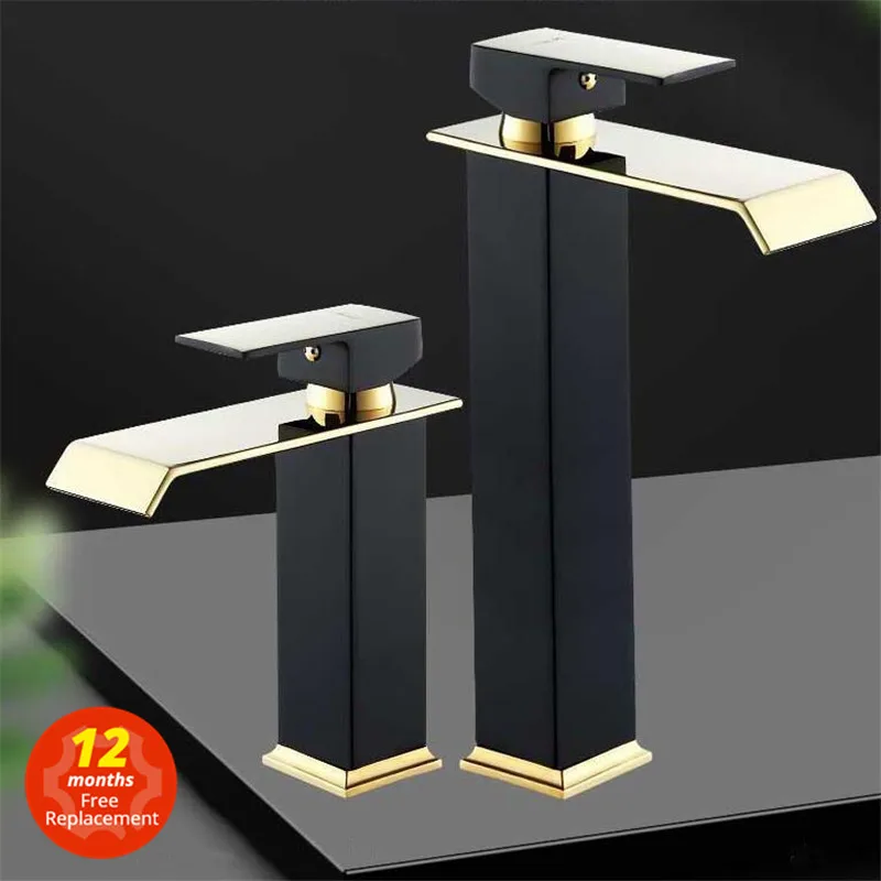 Basin Faucet Gold and Black Waterfall Faucet Brass Bathroom Faucet Bathroom Basin Faucet Mixer Tap Hot and Cold Sink faucet