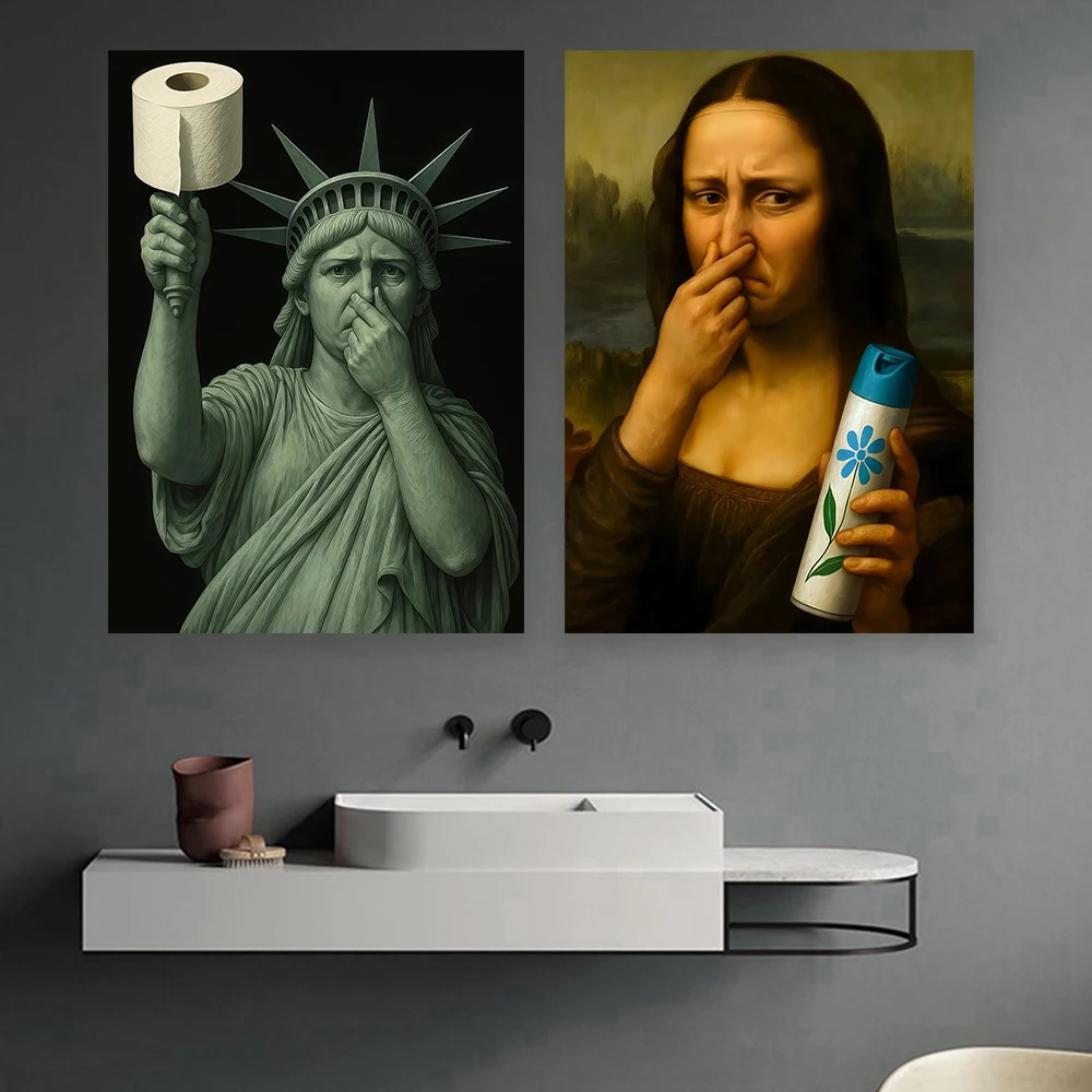 

Funny Toilet Mona Lisa Canvas Print Poster Vintage Abstract Art Canvas Painting Wash Room Toilet Hallway Wall Art Home Decor