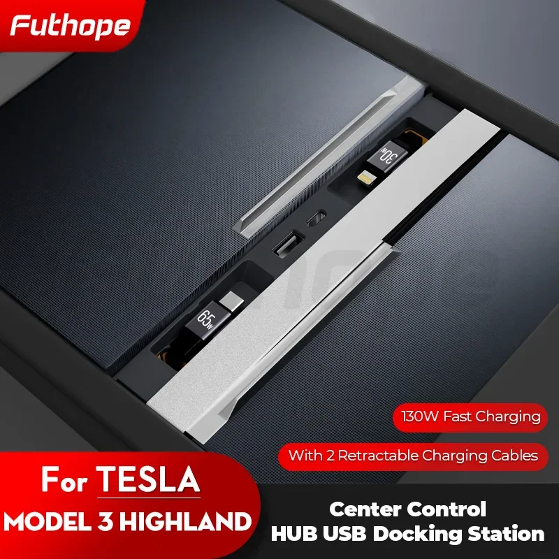 Futhope 130W Docking Station with Telescopic Rope for Tesla Model 3 Highland Hub Supports Laptop Central Control Splitter