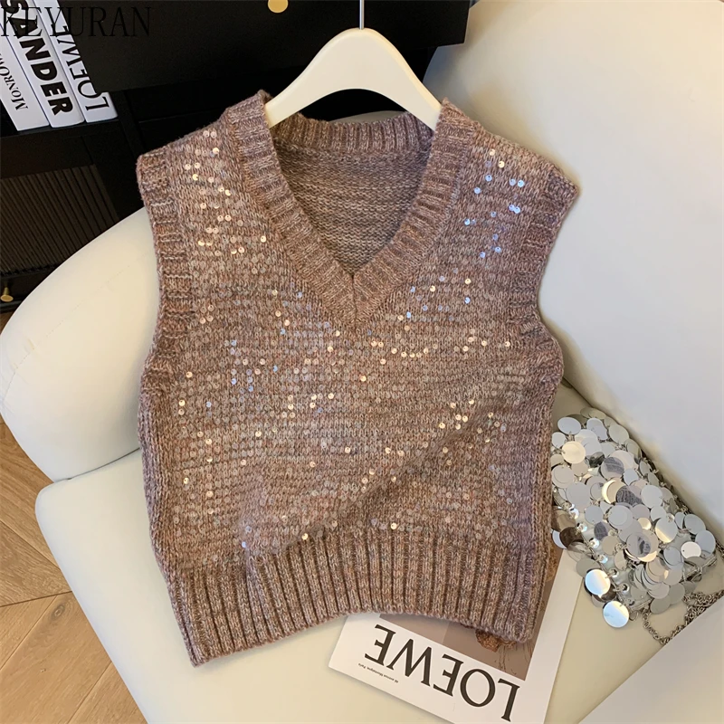 Spring Sequins Sleeveless Knit Vest Women Spring Fall Korean Fashion V-neck Pullover Sweater Vests Jumper Knitwear Tank Crop Top