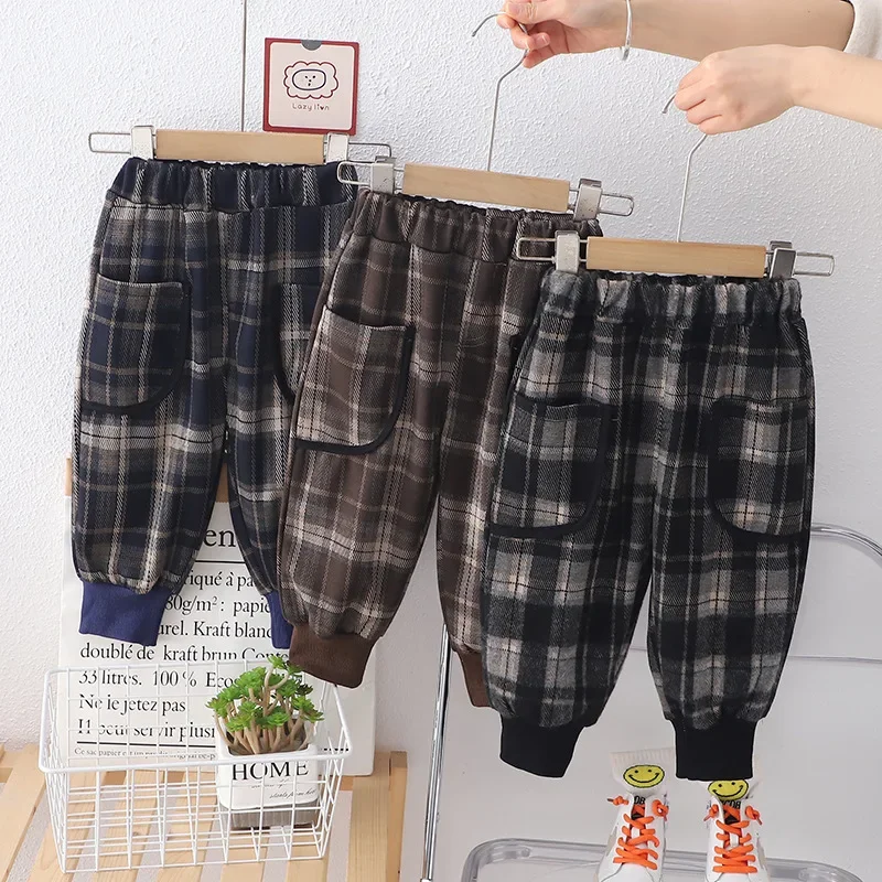 

2024 Spring Autumn New Baby Boys Fashion Plaid Loose Sweatpants Jogger Pants Children's Casual Sports Trousers Clothing