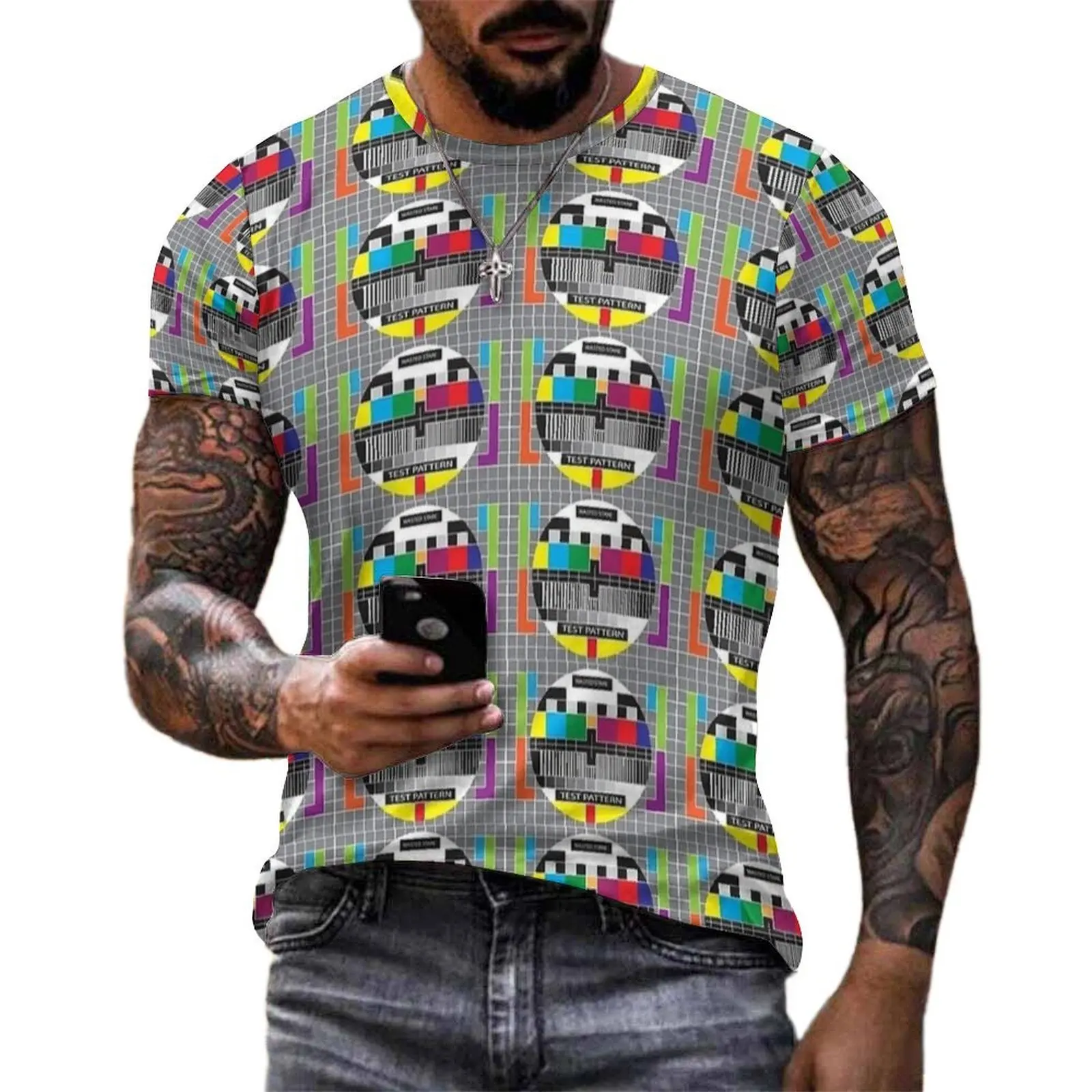Classic Test Card Print T Shirt Male  Y2K Casual T-Shirts Original Popular Tee Shirt Short-Sleeved Custom Plus Size Clothing
