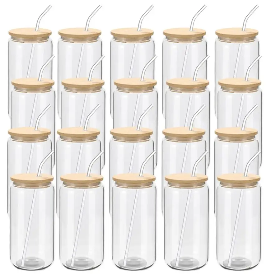 

20 Pack Glass Cups with Bamboo Lids and Glass Straw 16oz Beer Can Shaped Drinking Glasses Cups, Glass Tumbler Reusable Cute Cups
