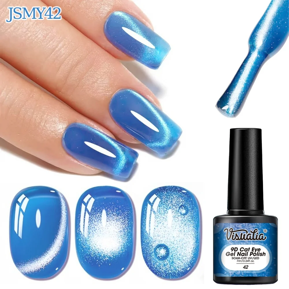 Visuatia Sea Blue 9D Cat Eye Nail Polish Gel, High-Density Magnetic Powder Can Create a Transparent, High-Gloss Strip, Smooth Gel Texture, Suitable for Nail Art Enthusiasts to Create Refreshing Style Nail Art at Home