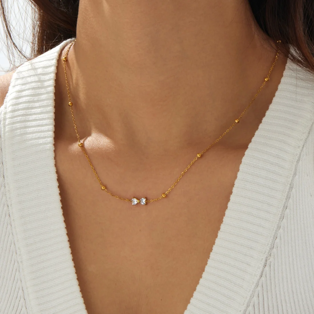 DIEYURO 316L Stainless Steel Simple Bowknot Inlay Zircon Golden Ball Necklace For Women Fashion Waterproof Neck Chain Jewelry view 3