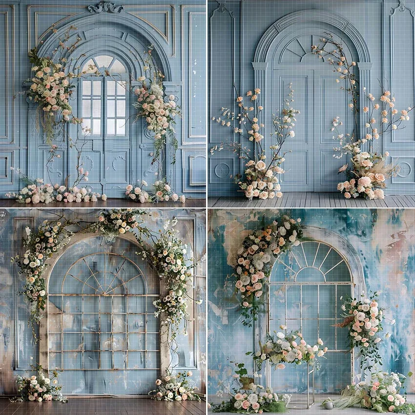 

Mehofond Photography Background Blue Wall Floral Arch Window Adult Birthday Wedding Maternity Portrait Decor Backdrop Photo Stud